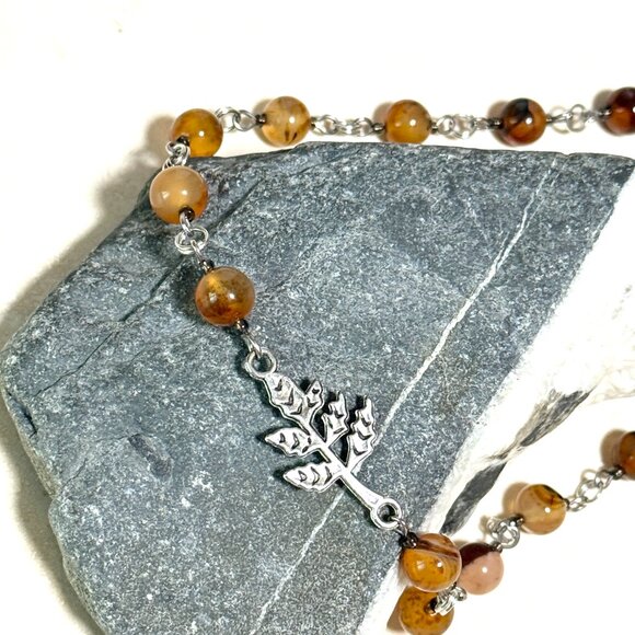 Genuine Earthy Carnelian Agate Short Necklace, Gemstone & Leaf Branch Pendant - Picture 4 of 15